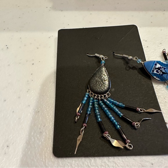 Set of 2 pairs Boho / Southwestern Earrings - silver beaded dangles blues, red - Picture 10 of 11